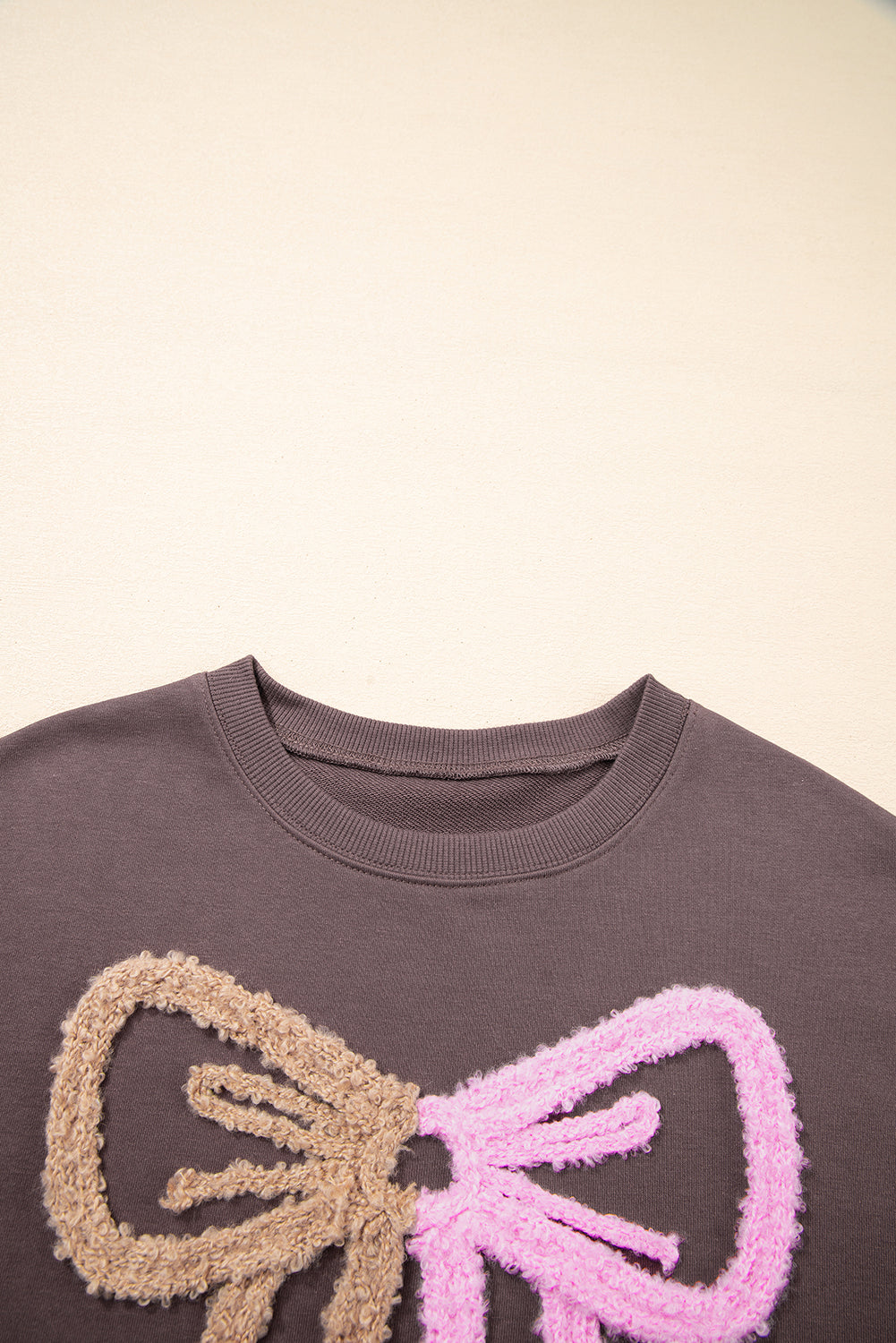 Dark Khaki Contrast Terry Bow Pattern Drop Shoulder Sweatshirt