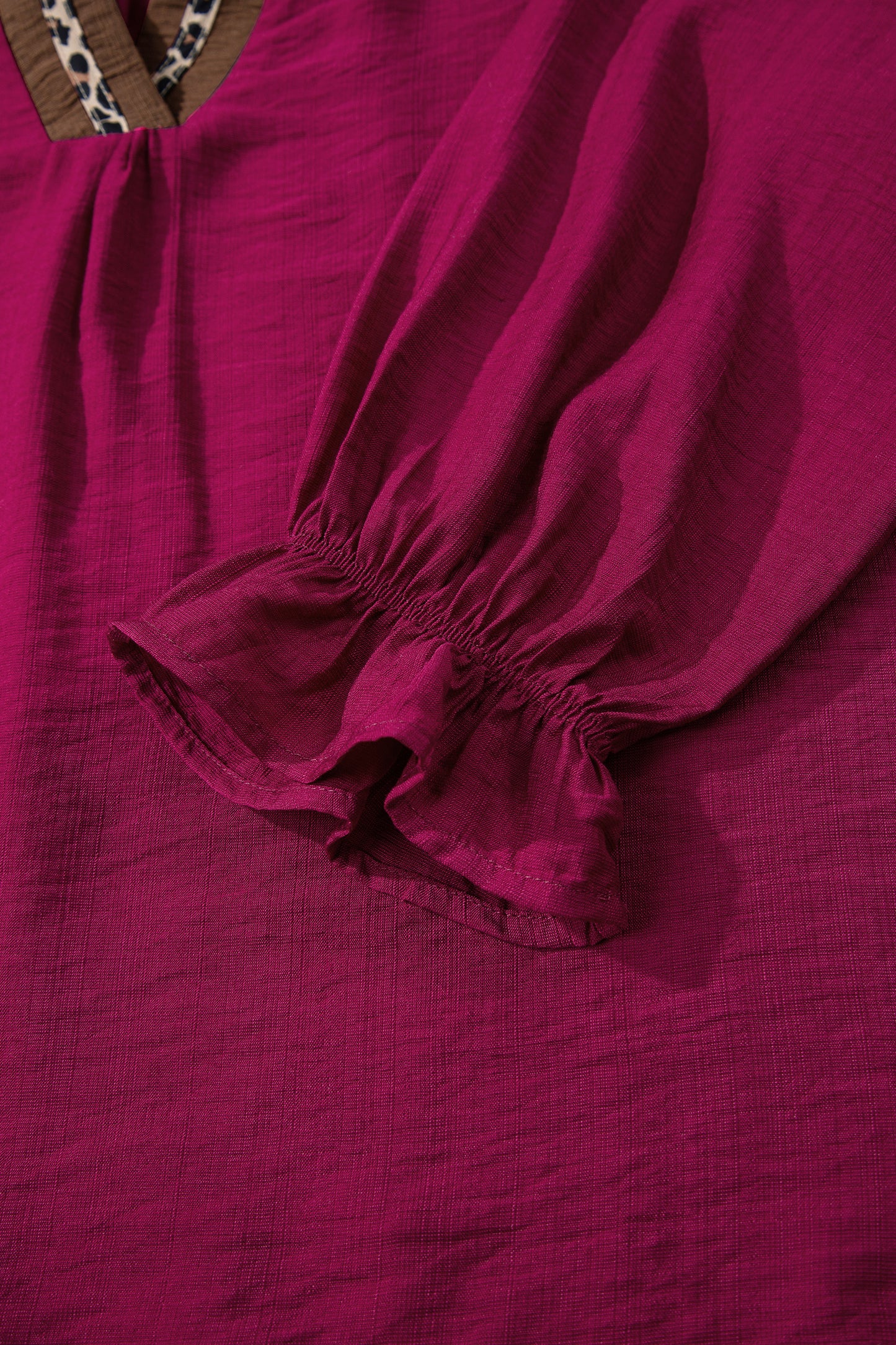 Violet Leopard Trim V Neck Flounced Bracelet Sleeve Blouse
