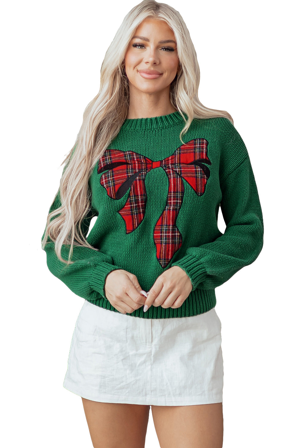 Evergreen Plaid Bow Graphic Christmas Sweater