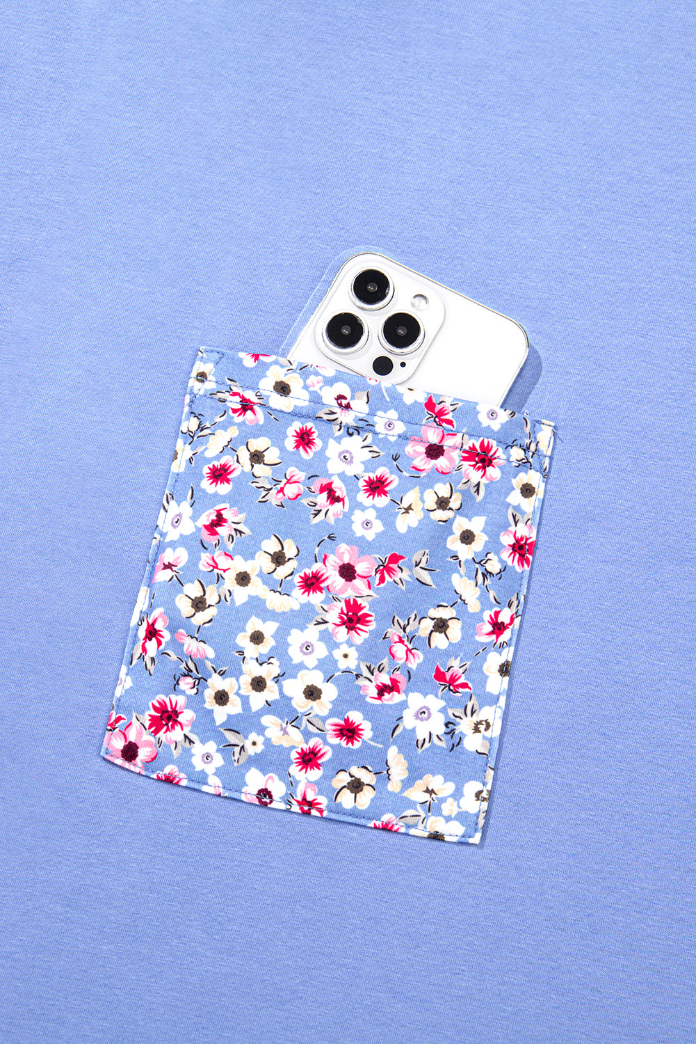 Sky Blue Floral Patchwork Chest Pocket Crewneck Plus Size T Shirt