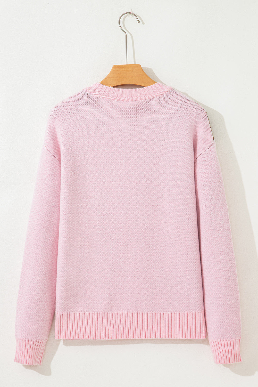 Pink Christmas Ginger Bread Man Print Round Neck Casual Sweater
