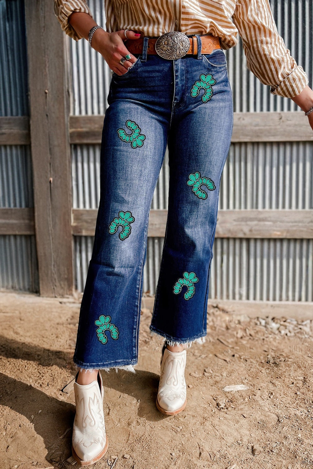 Sail Blue Turquoise Pattern Raw Edge Cropped High Waist Jeans