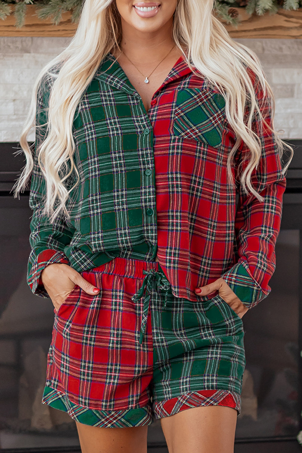 Red Plaid Contrast Patched Christmas Holiday Long Sleeve Shirt and Short 2pcs Pajama Set