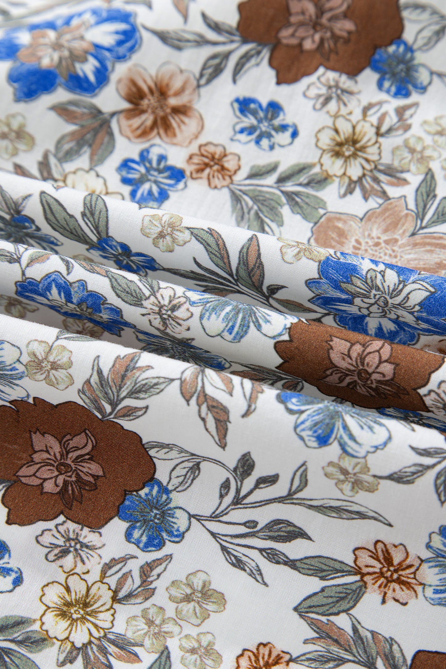 Brown Plaid Frilled Trim V Neck Floral Long Sleeve Blouse