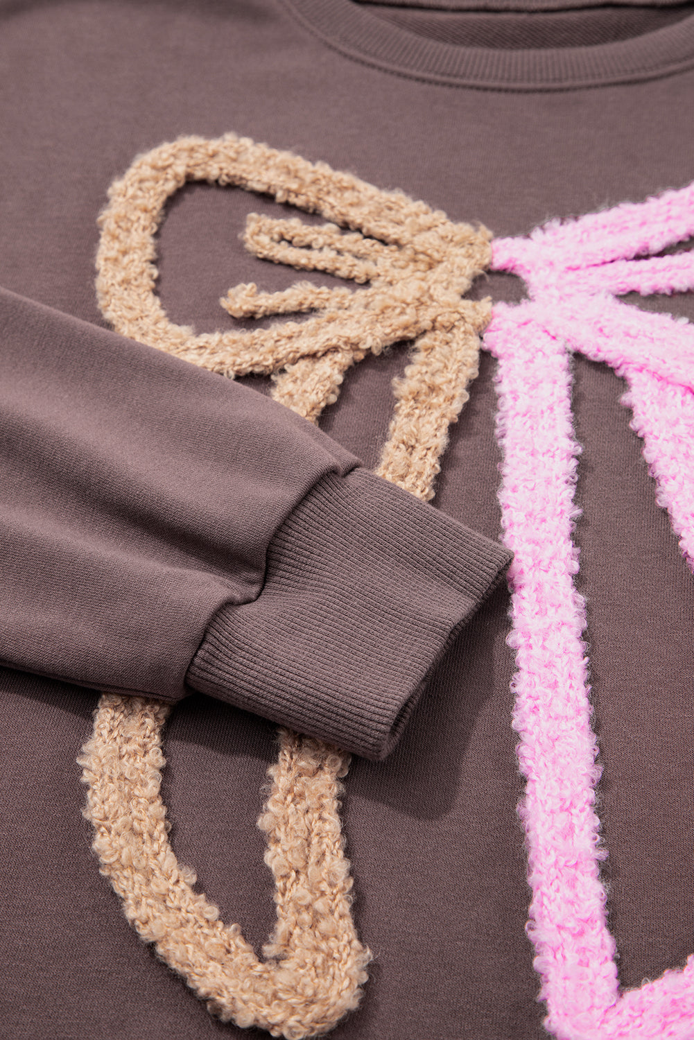 Dark Khaki Contrast Terry Bow Pattern Drop Shoulder Sweatshirt