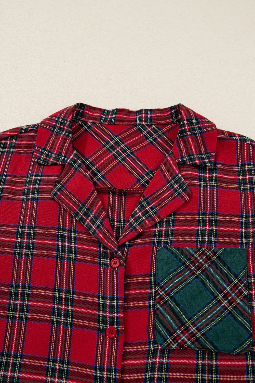 Red Plaid Contrast Patched Christmas Holiday Long Sleeve Shirt and Short 2pcs Pajama Set