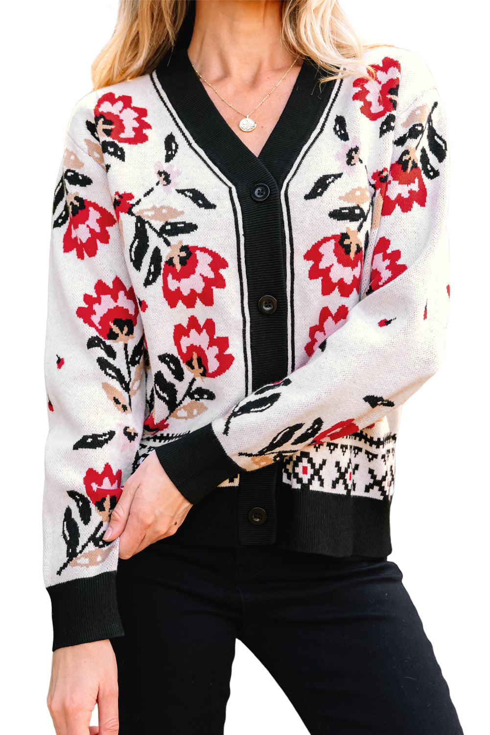 Beige Floral Print Buttoned Front V Neck Knit Cardigan