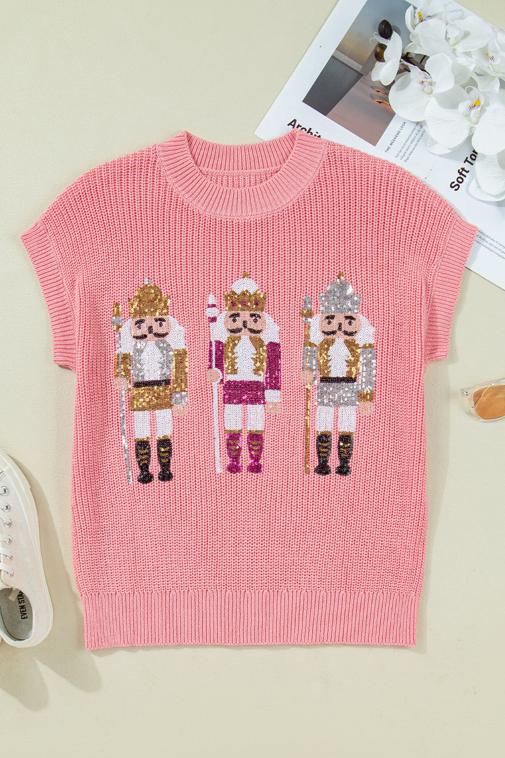 Gossamer Pink Nutcracker Cutie Sequin Graphic Short Sleeve Sweater