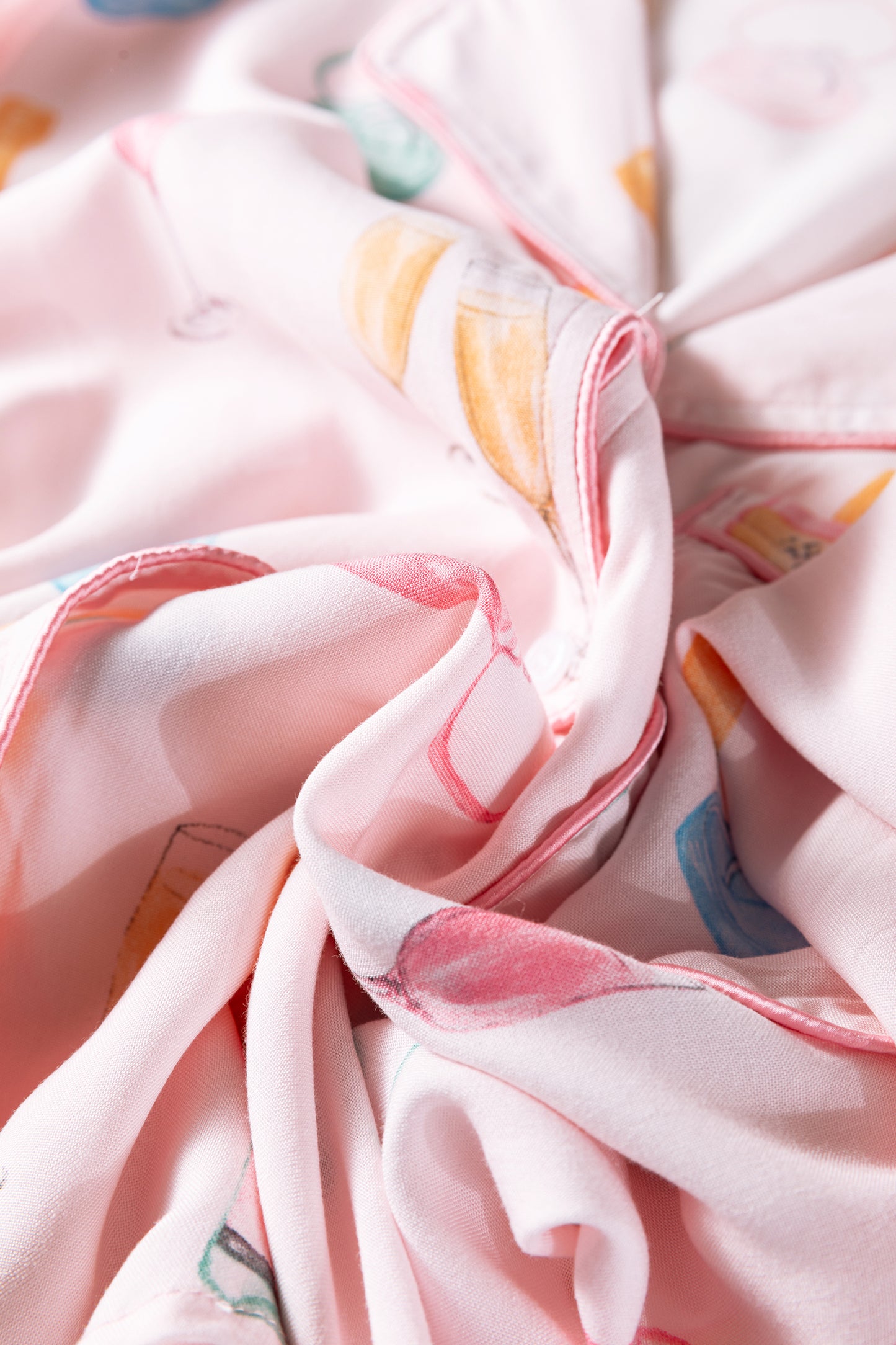 Light Pink Christmas Wine Glass Print Bow Knot Two Piece Pajama Set