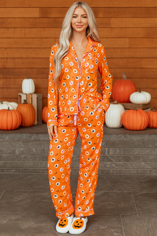 Orange Halloween Print Lapel Shirt Long 2pcs Pajama Set