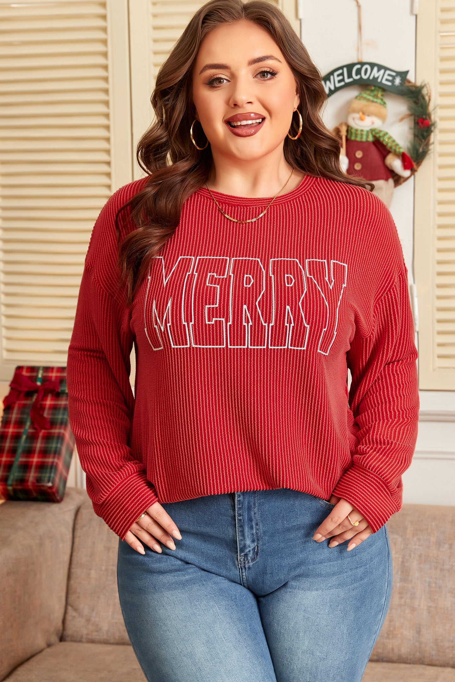 Fiery Red Twist Ribbed MERRY Letter Graphic Plus Size Pullover