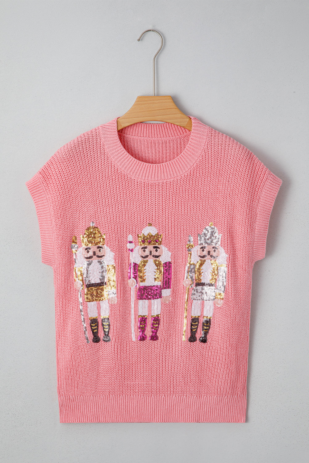 Gossamer Pink Nutcracker Cutie Sequin Graphic Short Sleeve Sweater
