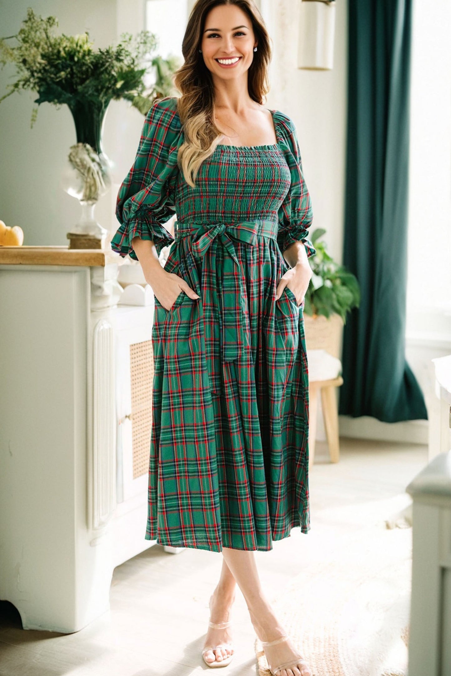 Green Tartan Plaid Square Neck Puff Sleeve Knot Waist Flared Midi Dress