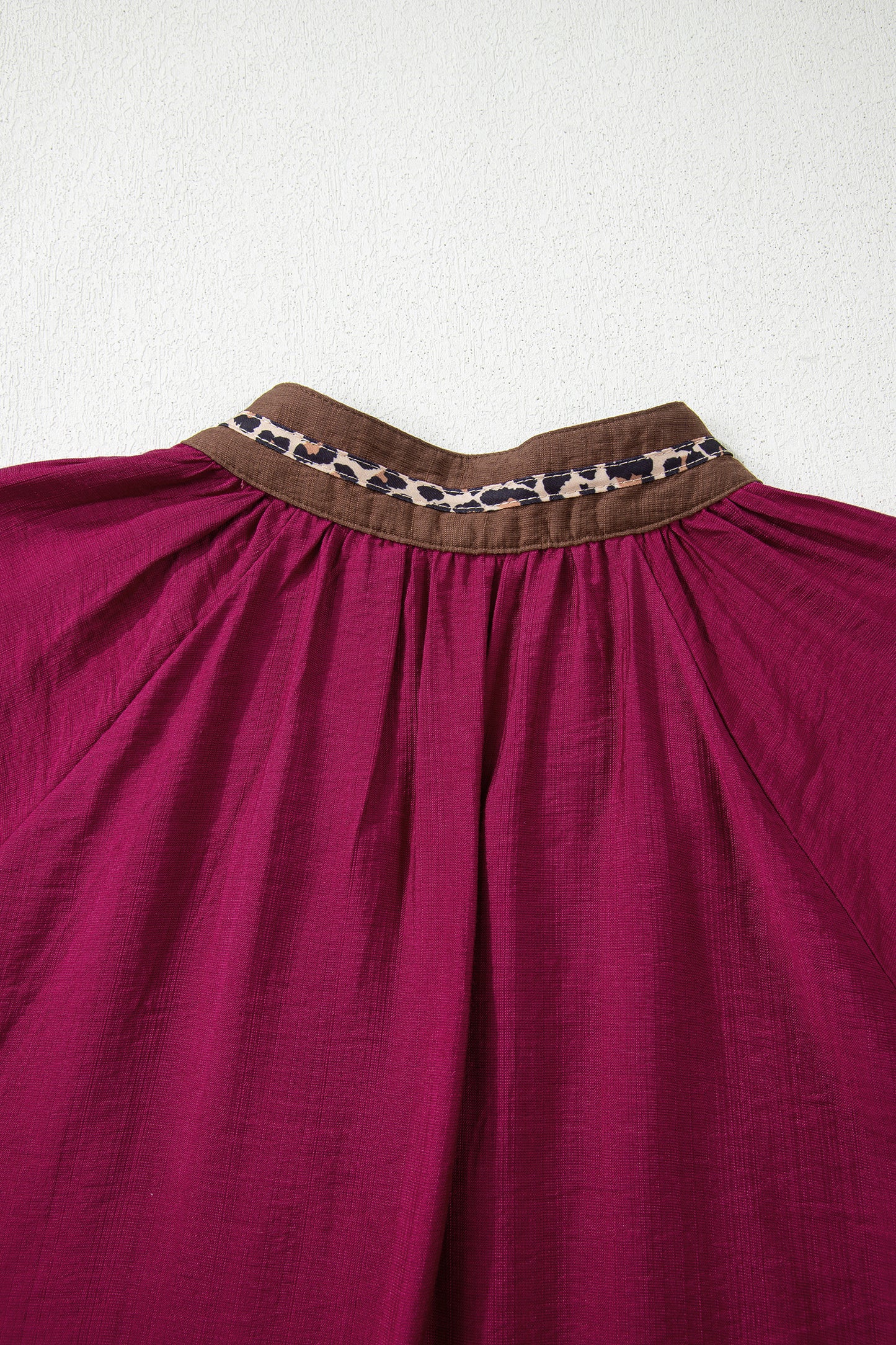 Violet Leopard Trim V Neck Flounced Bracelet Sleeve Blouse