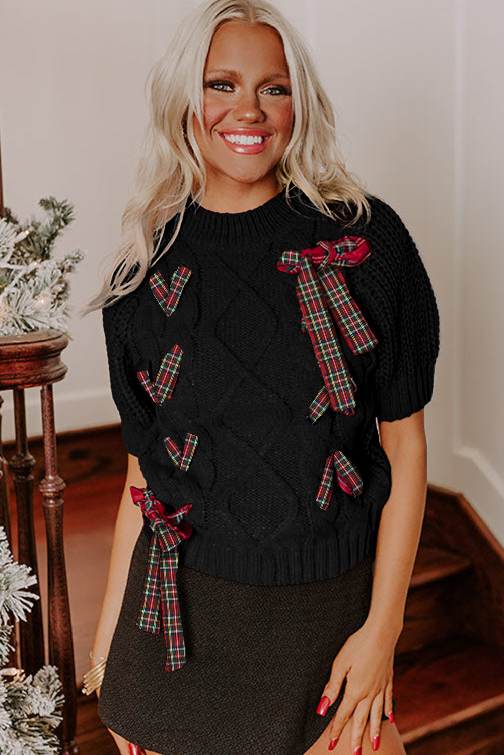 Black Plaid Lace up Detail Christmas Holiday Puff Short Sleeve Sweater
