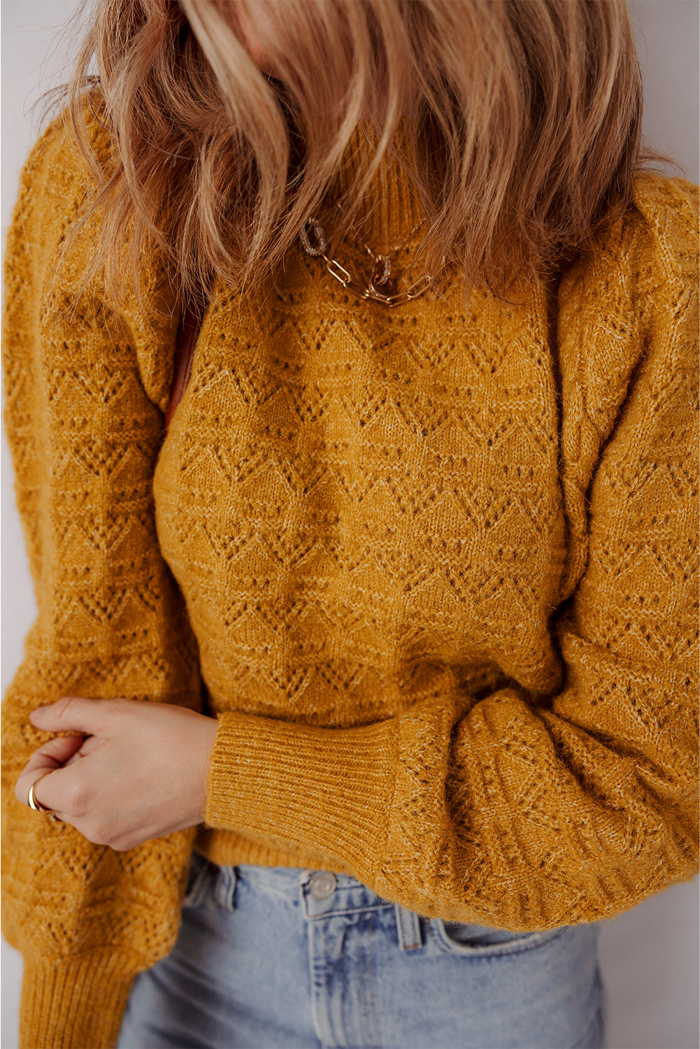 Jurassic Gold Hollow Out Crochet Ribbed Edge Balloon Sleeve Sweater
