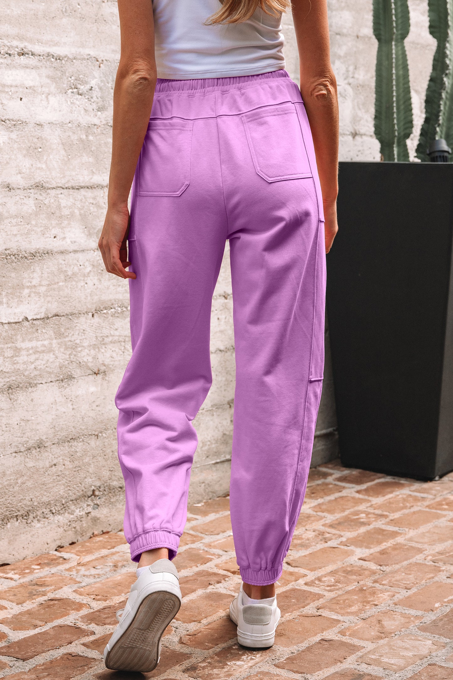 Lilac Drawstring Waist Patchwork Solid Color Jogger Pants
