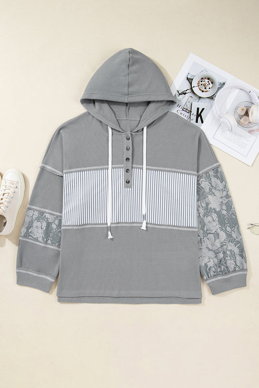 Gray Mixed Pattern Waffle Knit Patchwork Half Buttons Plus Hooded Top