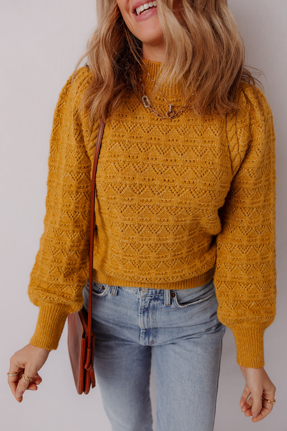 Jurassic Gold Hollow Out Crochet Ribbed Edge Balloon Sleeve Sweater