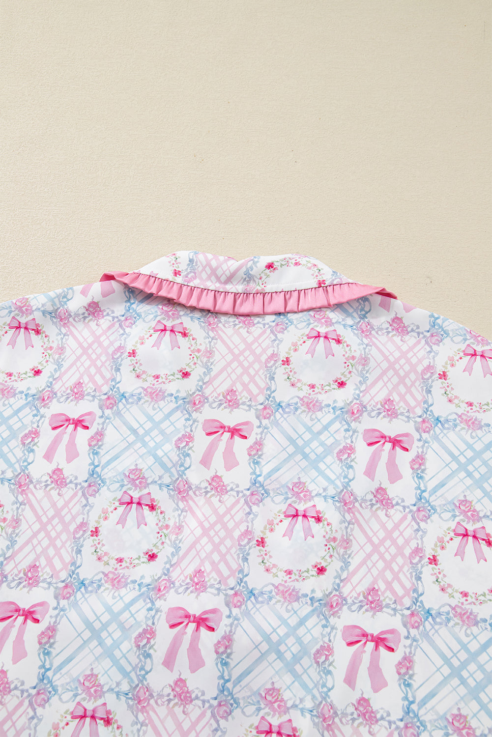 Pink Bow Wreath Pattern Christmas Holiday Tied Front Long Sleeve 2pcs Pajama Set