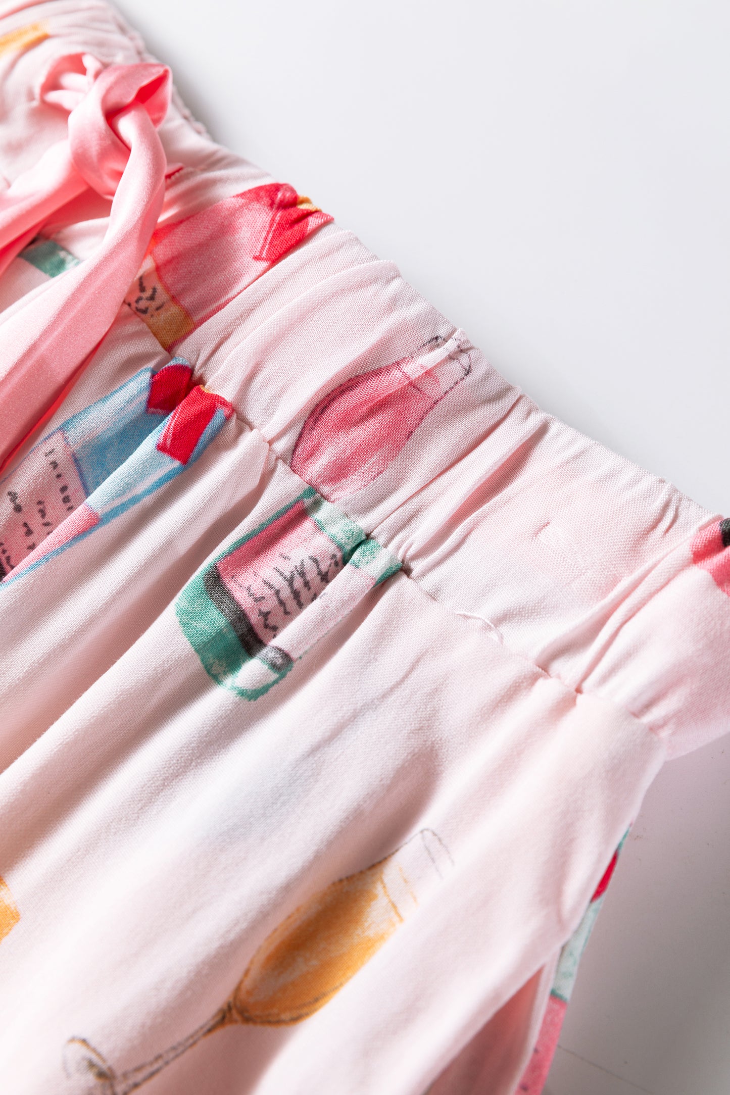 Light Pink Christmas Wine Glass Print Bow Knot Two Piece Pajama Set