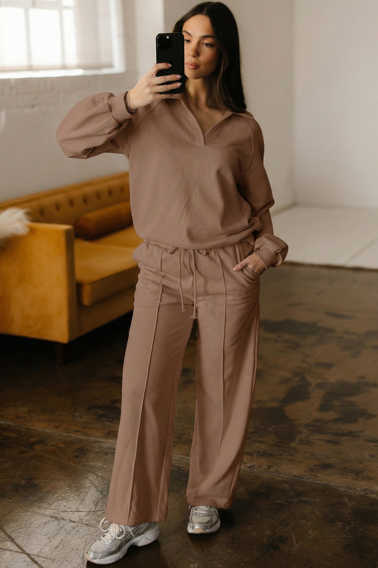 Dark Khaki Polo Collar V Neck Pullover and Drawstring Sweatpants Set
