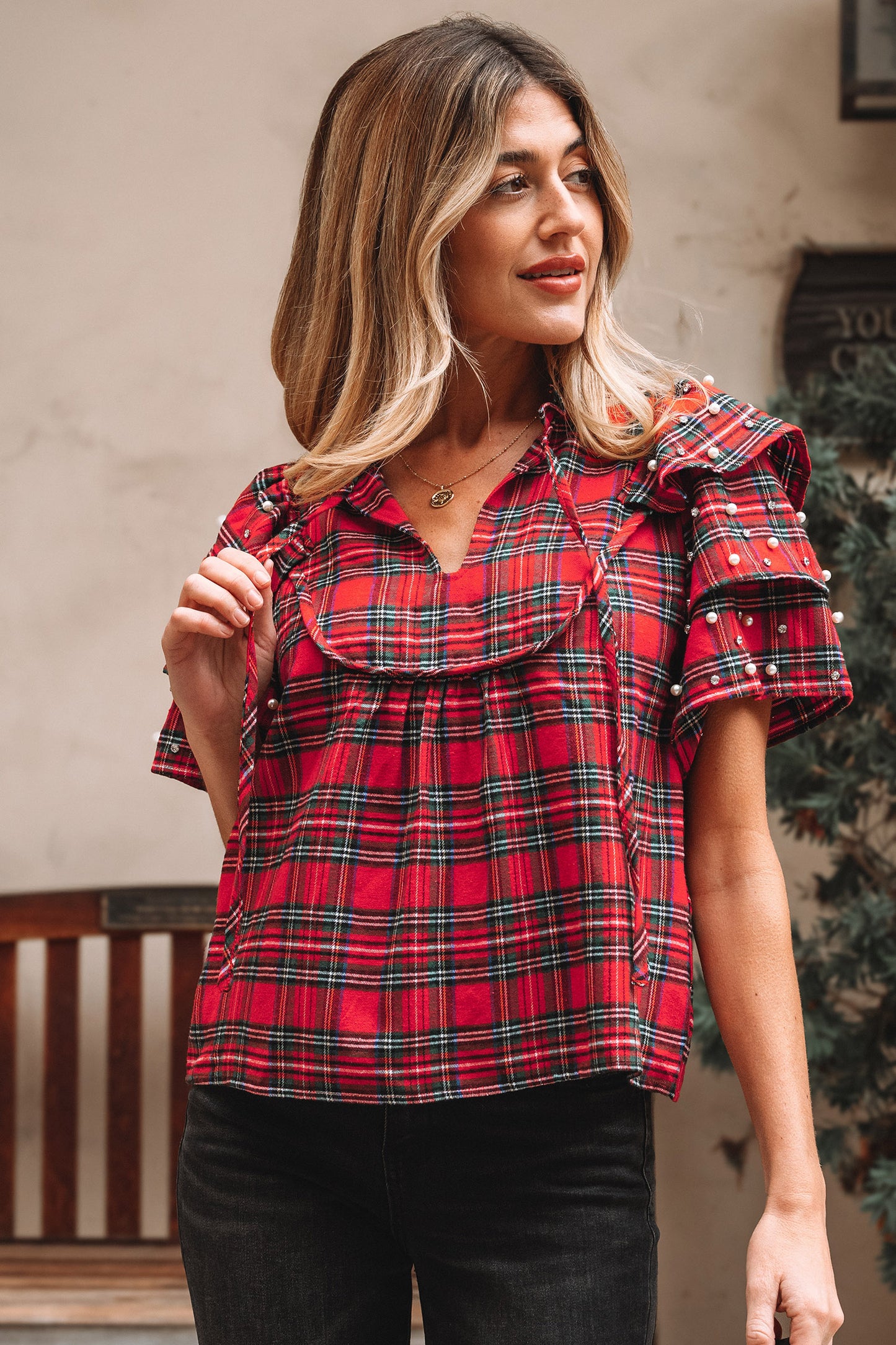 Red Festive Plaid Pearl Embellished Ruffle Short Sleeve Blouse