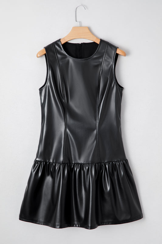 Black Faux Leather Ruffle Hem Sleeveless Mini Dress
