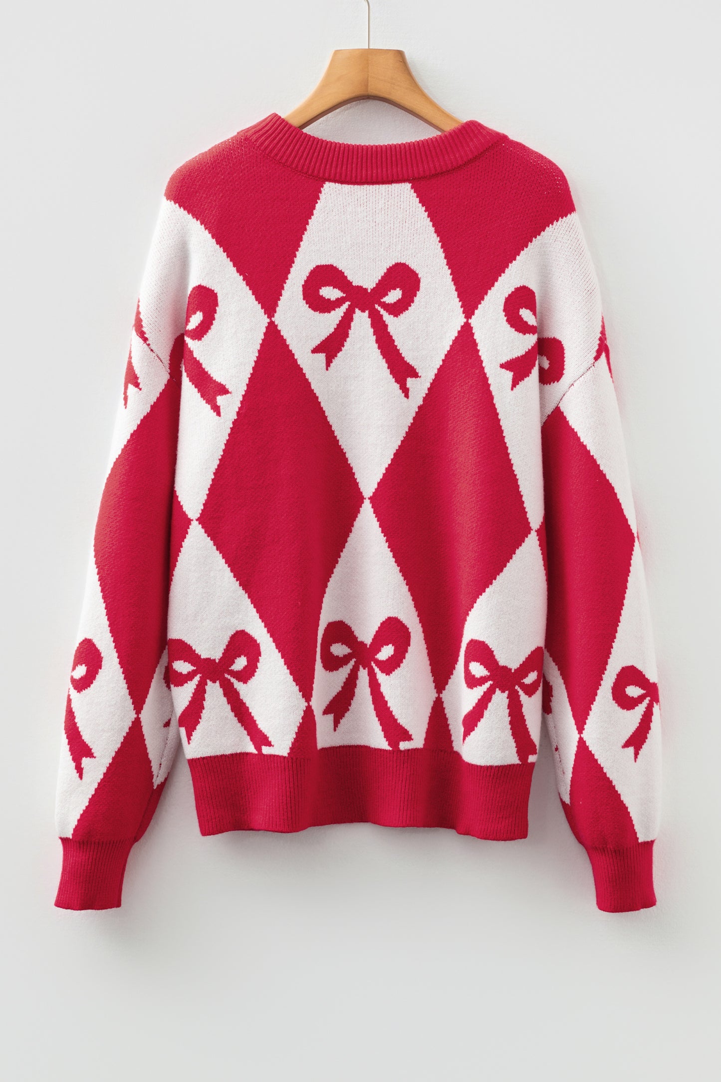 Red Bow Print 2-tone Rhombus Knit Loose Sweater