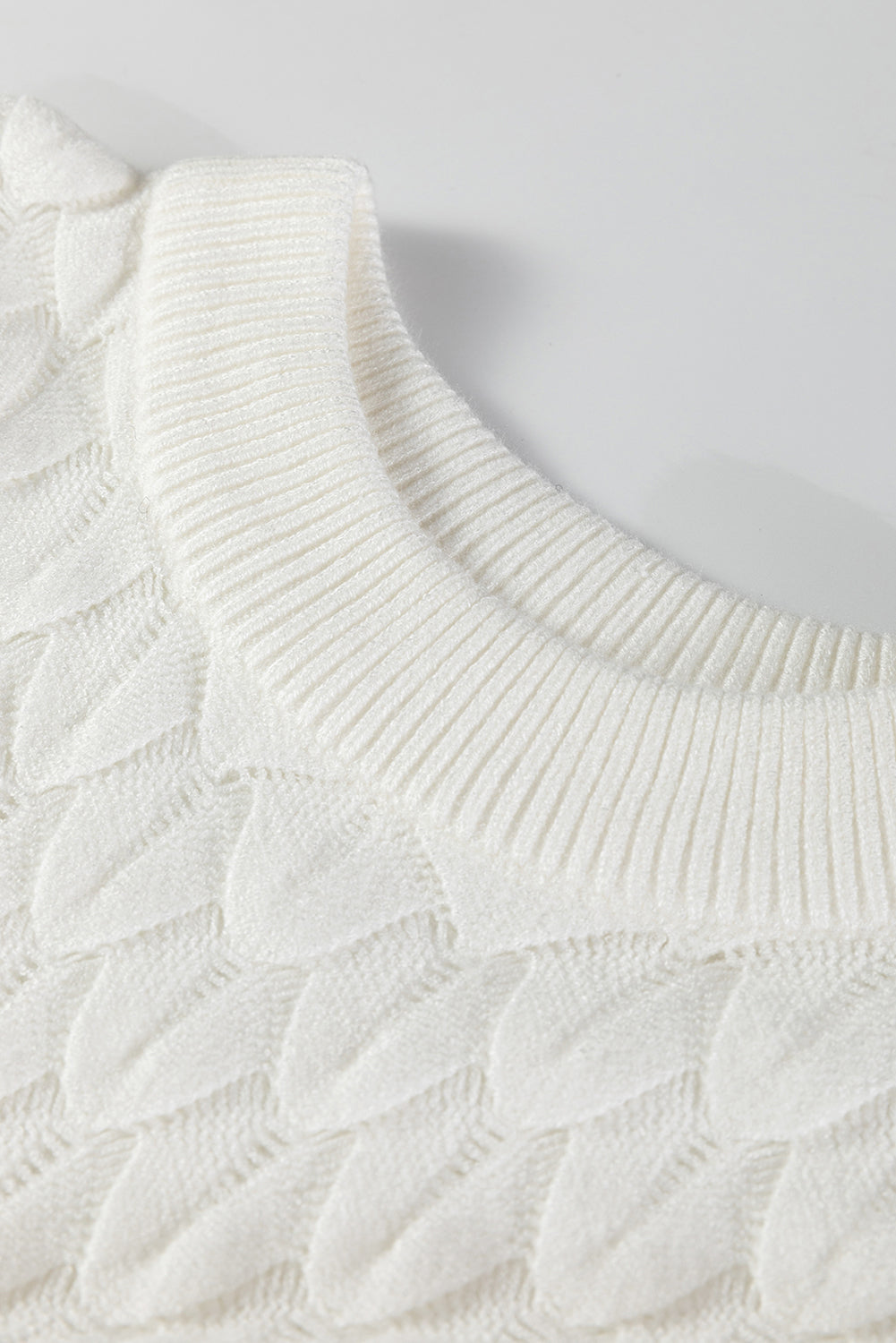 White Fish Scale Textured Knit Ribbed High Neck Short Sleeve Sweater