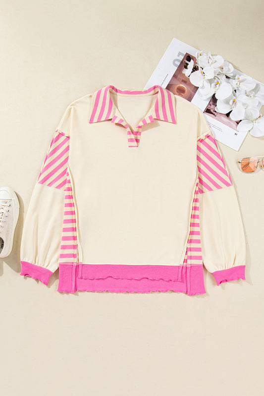 Pink Stripe Contrast Polo Collar Drop Shoulder Patchwork Plus Size Pullover