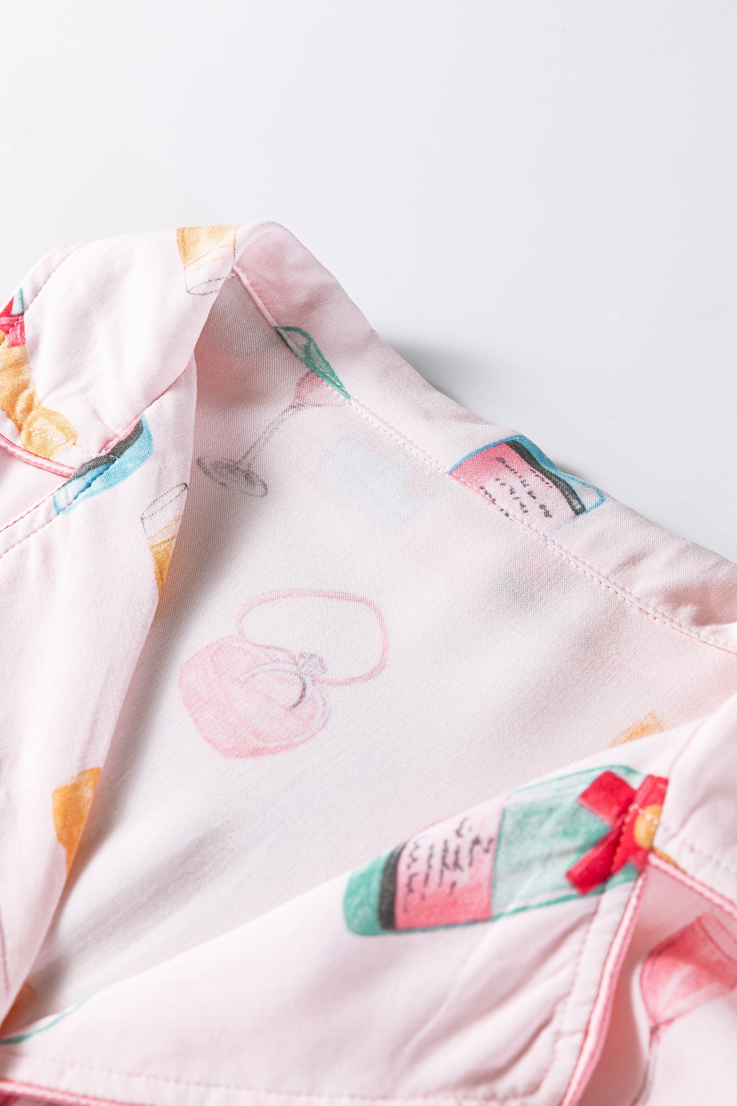 Light Pink Christmas Wine Glass Print Bow Knot Two Piece Pajama Set