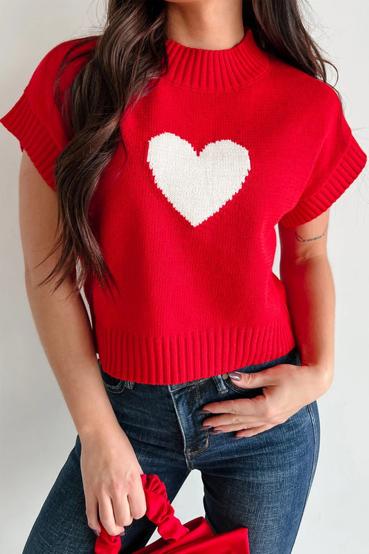 Fiery Red Valentine Heart Graphic Cropped Short Sleeve Sweater