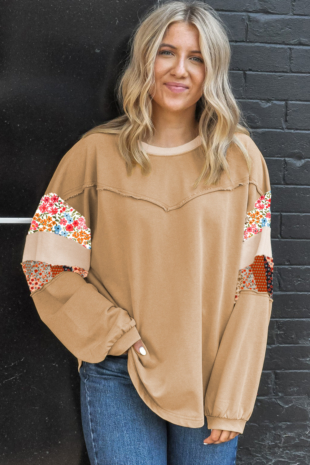 Khaki Exposed Seam Floral Mixed Patchwork Relaxed Plus Size Top