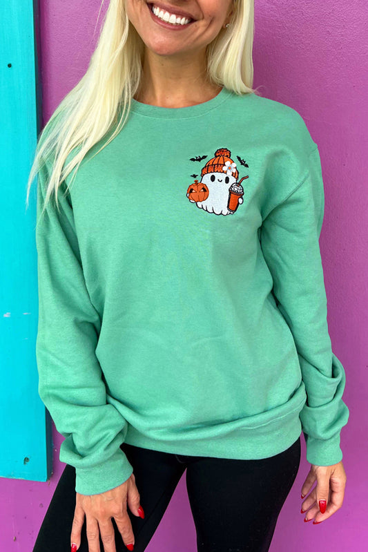 Aruba Blue Cute Halloween Ghost Embroidered Casual Sweatshirt