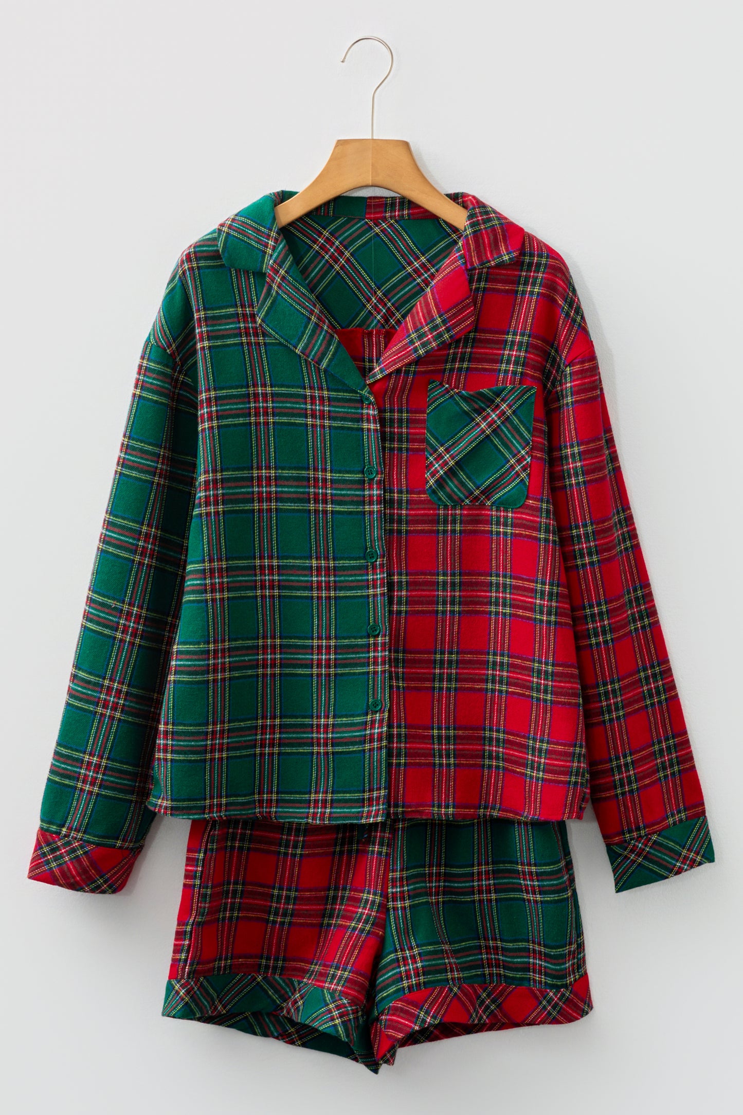 Red Plaid Contrast Patched Christmas Holiday Long Sleeve Shirt and Short 2pcs Pajama Set