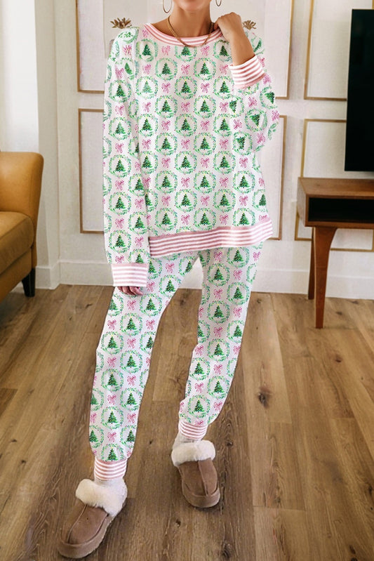 Green Bow Christmas Tree Print Contrast Striped Banding 2pcs Lounge Set