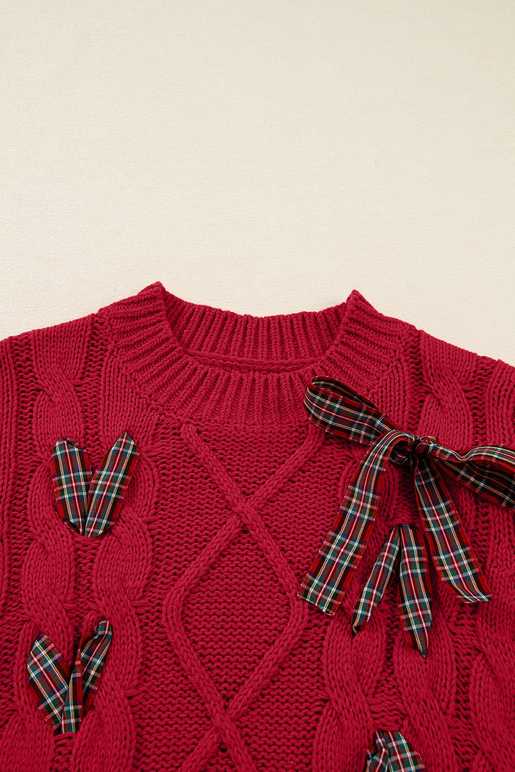 Fiery Red Plaid Lace up Detail Christmas Holiday Puff Short Sleeve Sweater