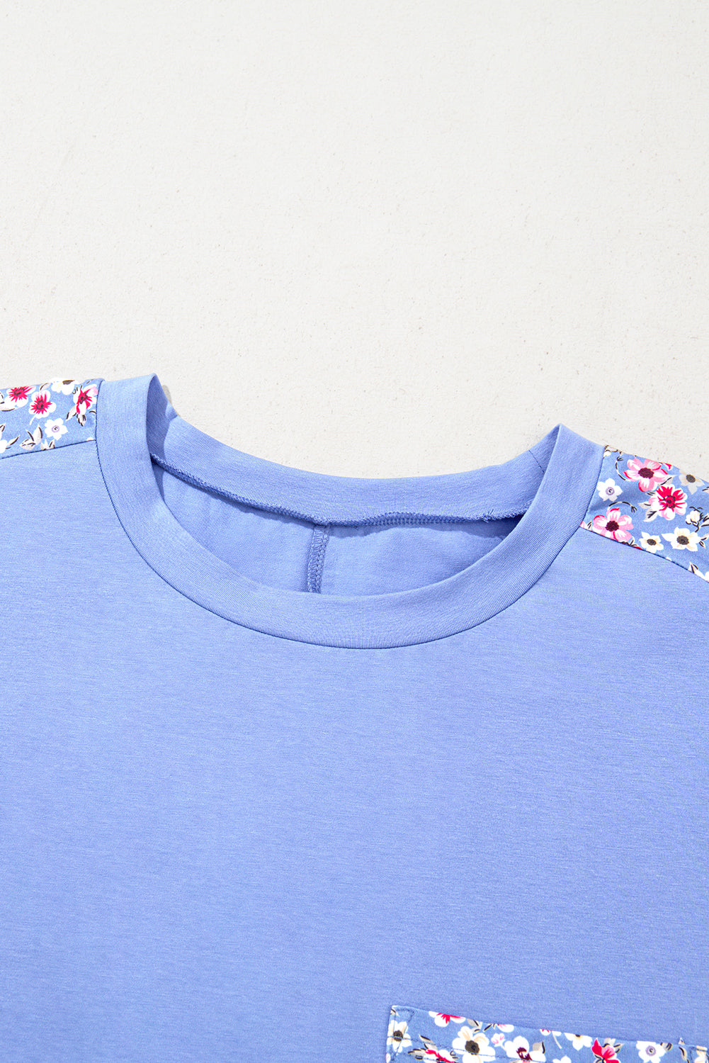 Sky Blue Floral Patchwork Chest Pocket Crewneck Plus Size T Shirt