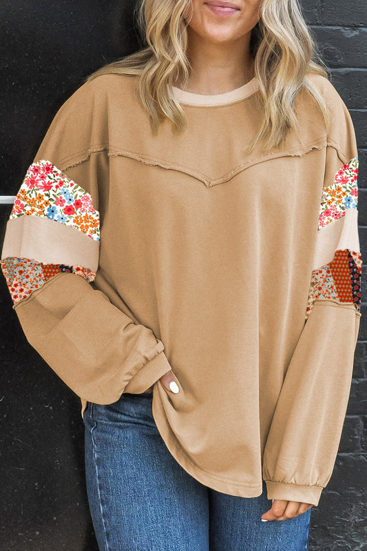Khaki Exposed Seam Floral Mixed Patchwork Relaxed Plus Size Top