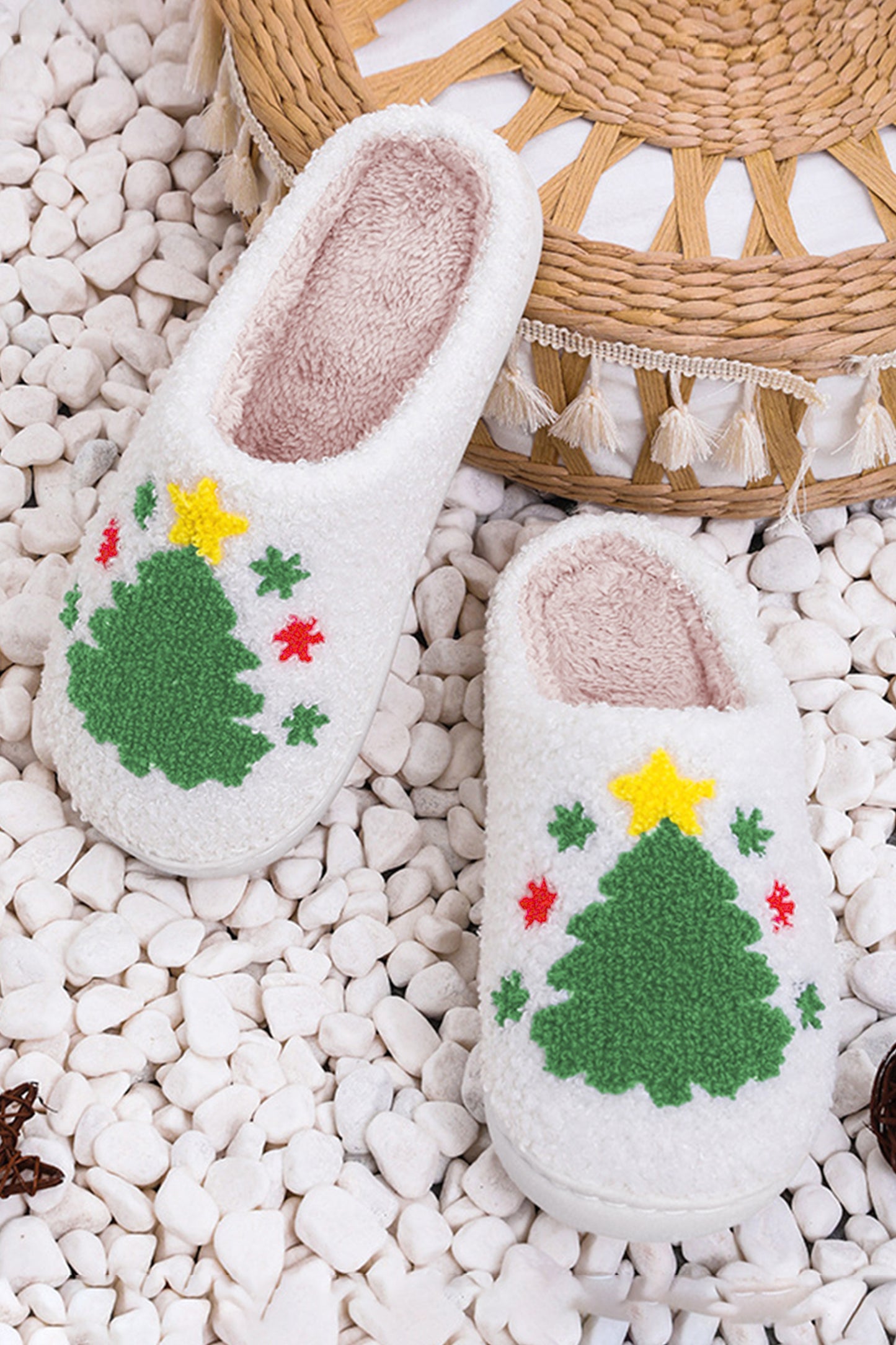 White Fuzzy Christmas Tree Pattern Home Slippers