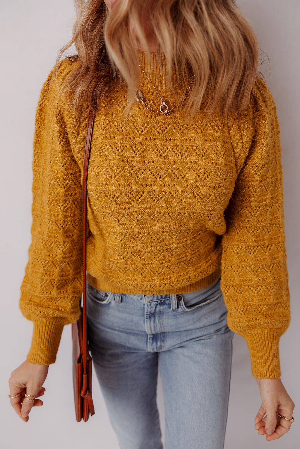 Jurassic Gold Hollow Out Crochet Ribbed Edge Balloon Sleeve Sweater