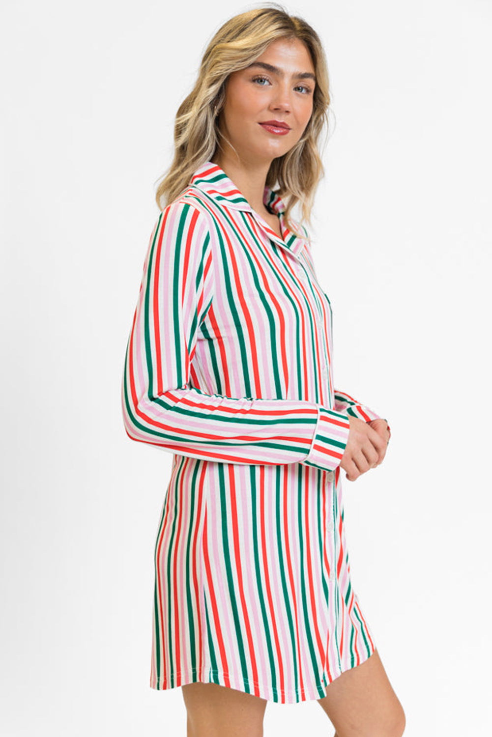 Pink Stripe Christmas Long Sleeve Shirt Style Lounge Dress