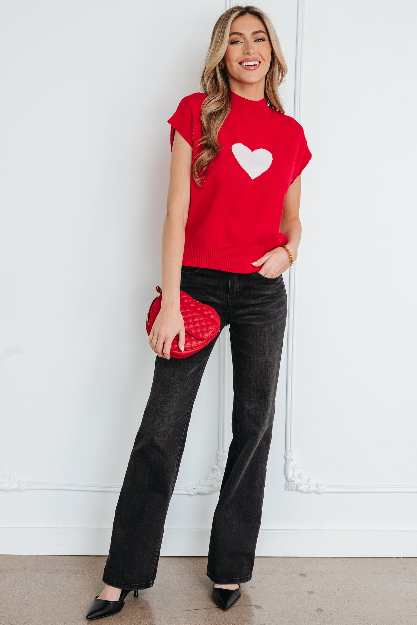 Fiery Red Valentine Heart Graphic Cropped Short Sleeve Sweater