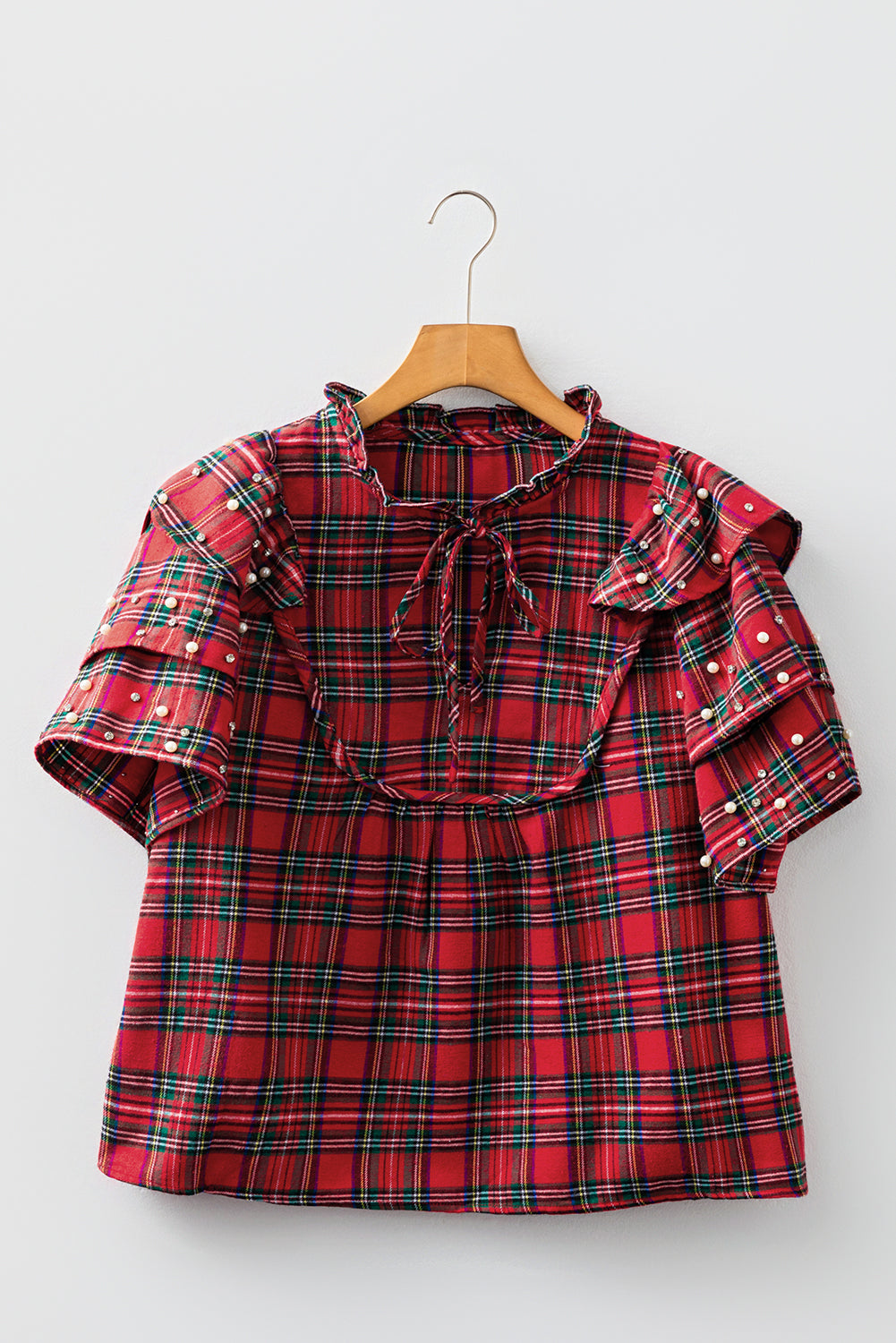 Red Festive Plaid Pearl Embellished Ruffle Short Sleeve Blouse