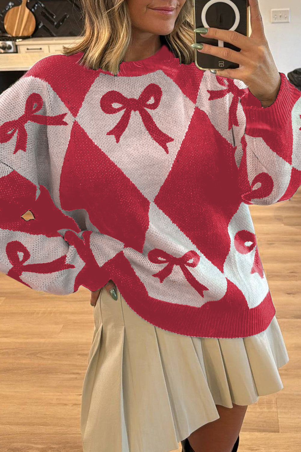 Red Bow Print 2-tone Rhombus Knit Loose Sweater