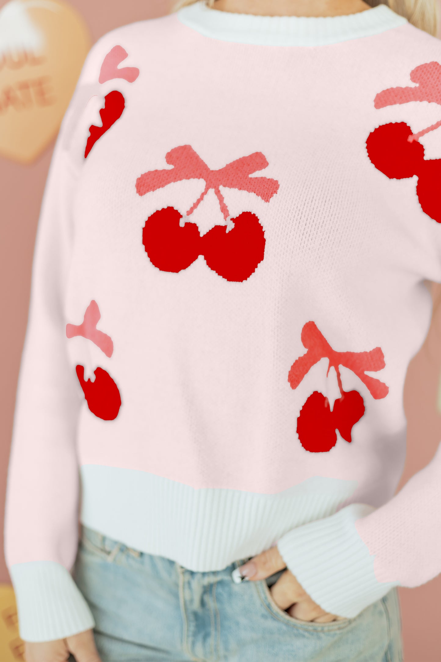 White Cherry Pattern Drop Shoulder Sweater