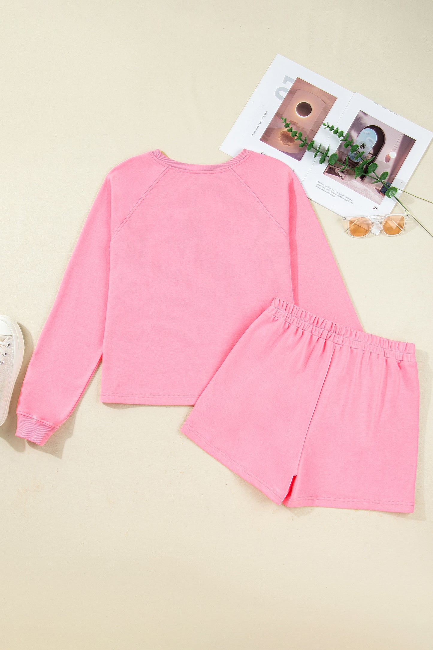 Sachet Pink Plaid Contrasted Double Christmas Tree Patched Raglan Sleeve Pullover 2pcs Short Set