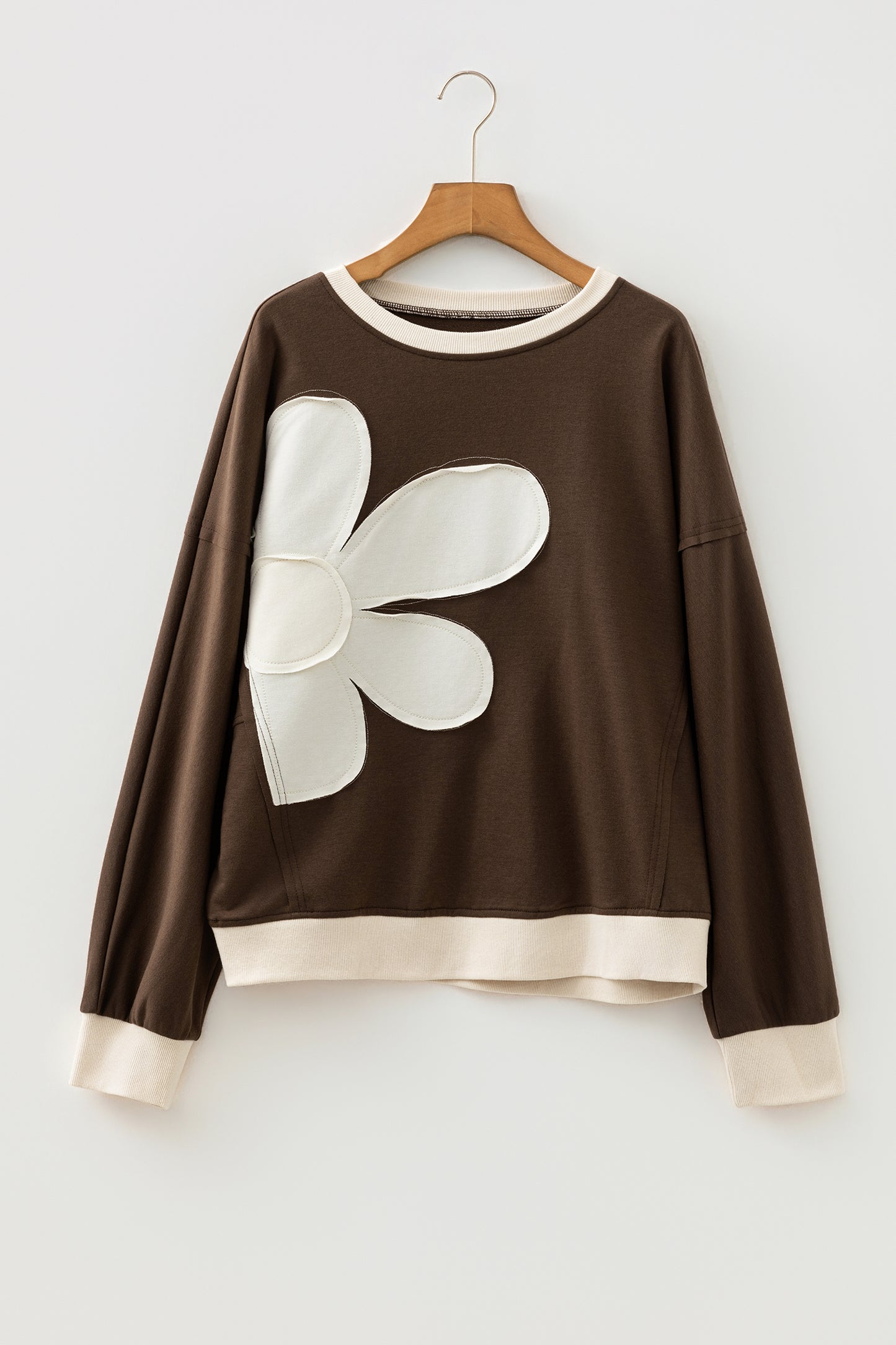 Coffee Raw Edge Flower Patch Drop Shoulder Casual Top