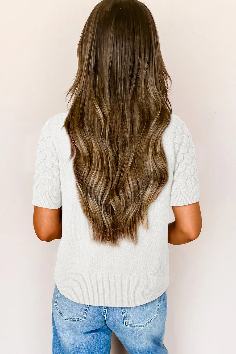 White Fish Scale Textured Knit Ribbed High Neck Short Sleeve Sweater